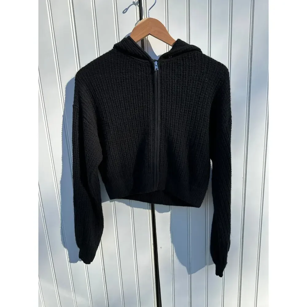 Alo Yoga Cashmere Plush Waffle Full Zip Hoodie Black Size Small $348 EUC Crop - Picture 3 of 16